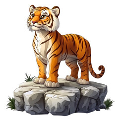 Cute cartoon tiger standing on a rock.