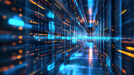 Futuristic data center corridor with glowing servers and high speed digital connections