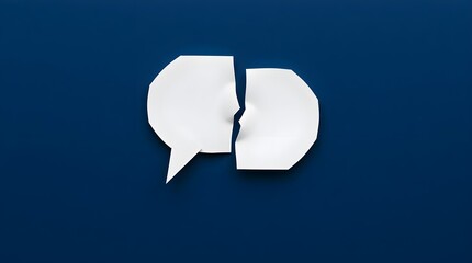 A fragmented white origami speech bubble against a dark blue background, depicting broken communication, space for copy