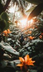Fototapeta premium Majestic peacock amidst lush foliage and vibrant orange flowers at sunset.