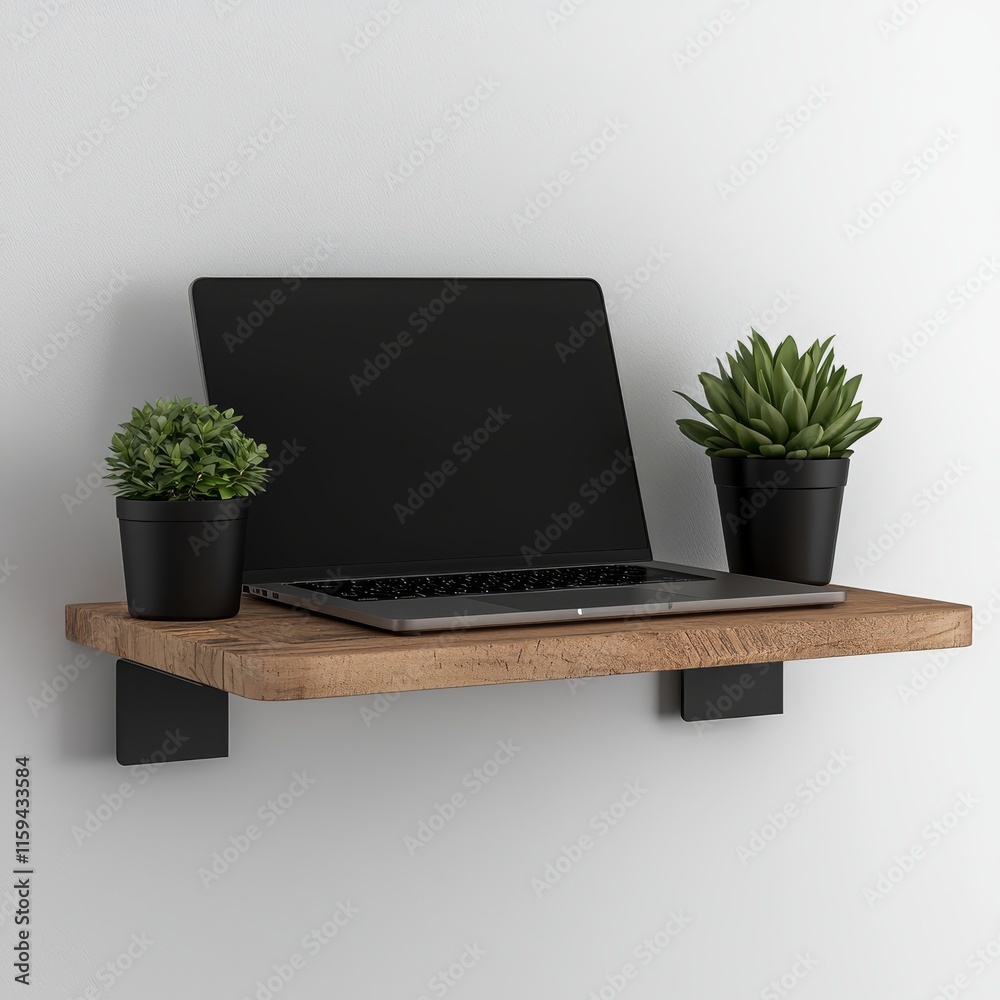 Poster the display of a transparent laptop is presented on a wooden table with potted plants and a white ba