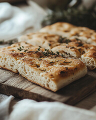 Artistic shot of flatbread torn into pieces, garnished with rosemary, simple and warm presentation