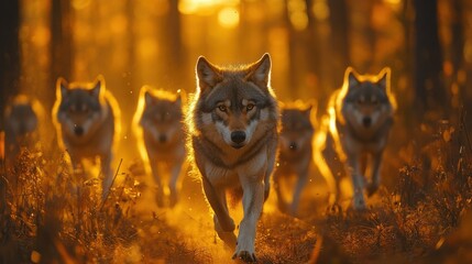A pack of wolves runs through a golden forest at sunset. The leading wolf stares intensely at the camera.