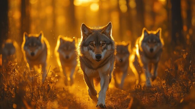 A pack of wolves runs through a golden forest at sunset. The leading wolf stares intensely at the camera.