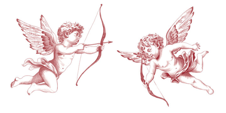 Vector freehand vintage collection Cupid scribble isolated on white background. Texture of writing materials. Handwritten valentines doodles and pencil strokes. Hand drawn Cupidon line art