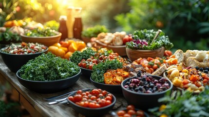 Table Scene with Friends Sharing Kale and Roasted Vegetable Salad