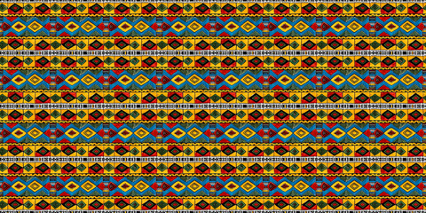 Abstract African art shapes seamless backgrounds, tribal geometric decoration patterns. Colored flat boho symbols illustrations