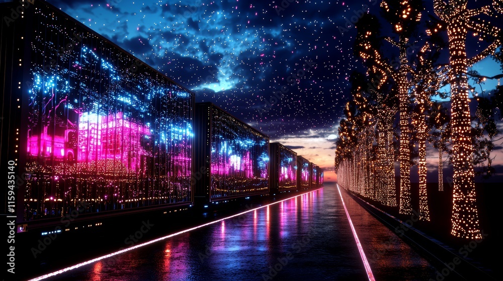 Poster high-tech shipping logistics network. digital cargo containers glowing with neon lights. technology 