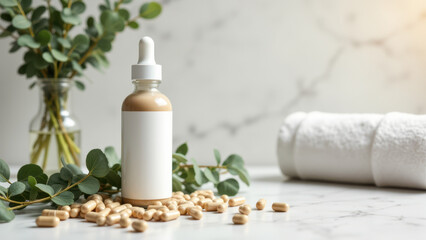 Magnesium supplement bottle and capsules on a marble surface with greenery for a natural or health-focused setting.