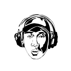 silhouette icon of a man's head wearing a hat using over-ear headphones without background