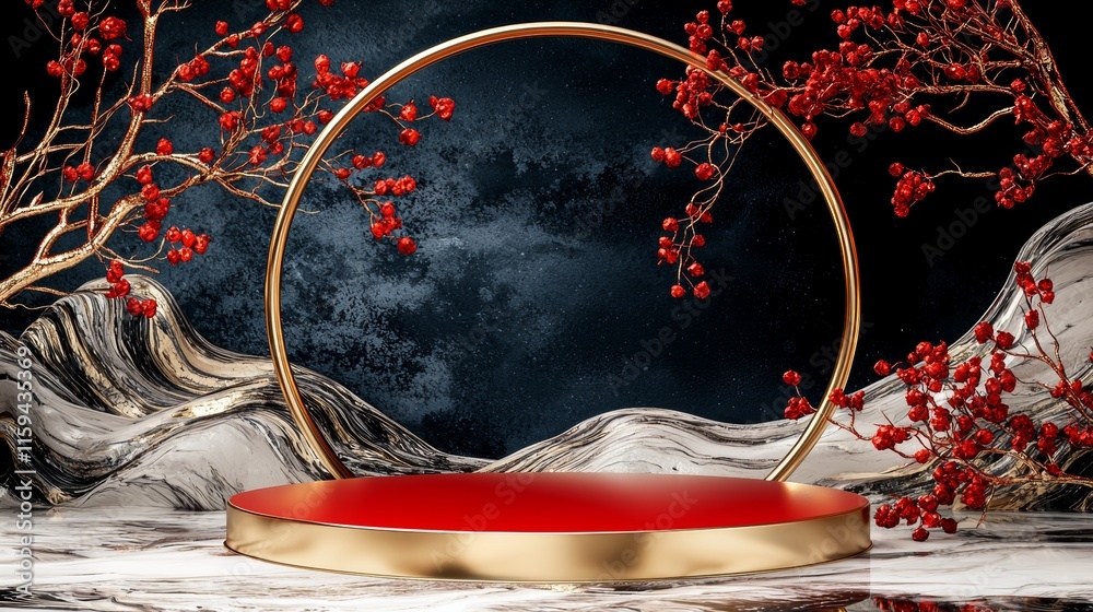 Poster Podium platform room red background base wall pedestal scene show presentation shadow modern circle gold round award. Red background podium product stage studio 3d light display abstract stand award