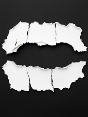 Torn Paper Pieces on Black - Abstract texture,  white paper, black background,  ripped edges, blank space. Symbolizes mystery, message,  fragmentation,  potential, and communication.