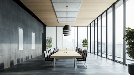 Contemporary minimalist conference room with minimal decor. Featuring clean lines and an organized layout