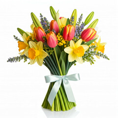 spring bouquet of yellow daffodils and red and orange tulips with blue ribbon on white background