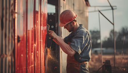 Carpenter is shaving red wood door by his shaving machine in outdoor field with steel pole building structure environment