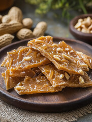Artistic shot of peanut brittle with vibrant golden tones, minimalist background, warm and inviting feel