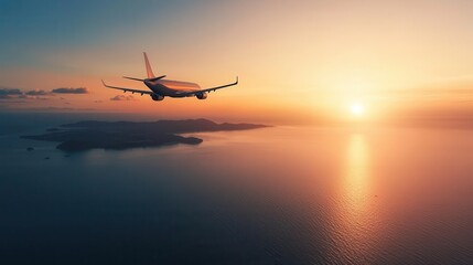 Silhouetted jetliner flying over an island, with the setting sun reflecting on the water