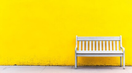 White Bench Against Yellow Wall - Serenity, solitude, vibrant contrast, simple design, outdoor space.