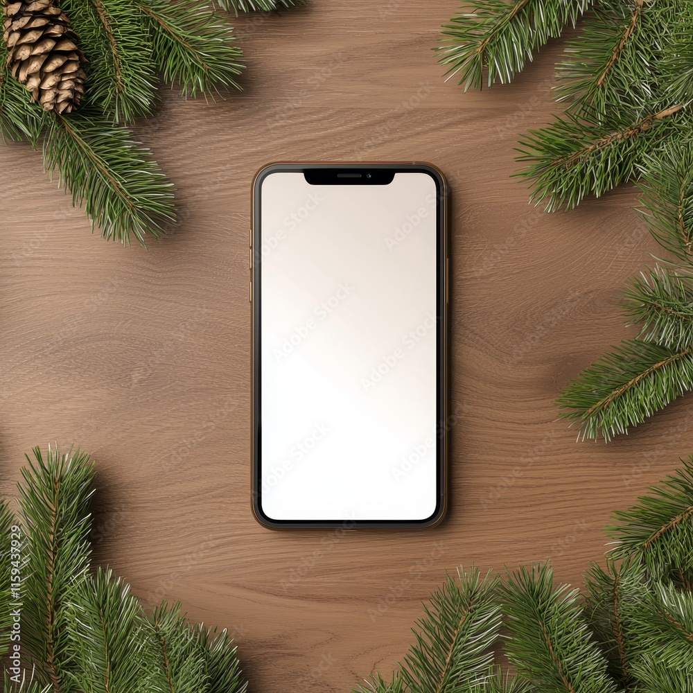 Poster Mockup with a blank screen on a wooden background for a smartphone