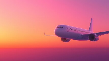 Obraz premium A passenger plane framed by a radiant sunset, with a glowing orange and purple backdrop