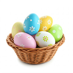 Naklejka premium colorful easter eggs in a wicker basket isolated on white background