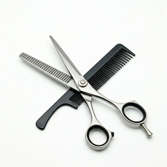 professional hairdressing scissors and comb on a white background