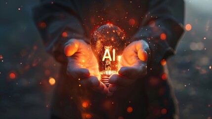 Businessman holding glowing lightbulb with  ai  symbol representing innovation and future technology
