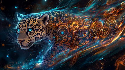 A mystical jaguar emerging from an ayahuasca vision, with its fur patterned in glowing tribal designs