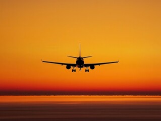 Fototapeta premium Passenger jet flying over a golden horizon with clouds illuminated by the warm tones of sunset