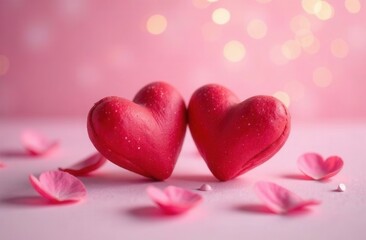 Fototapeta premium two pink hearts surrounded by rose petals on a soft pink surface