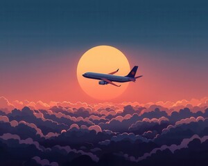 A passenger plane flying high above the clouds, with the setting sun painting the sky in vivid hues