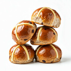 four freshly baked easter hot cross buns with white glaze on a white background
