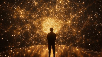 A surreal representation of a participant merging with the cosmos, surrounded by glowing, interwoven geometric patterns