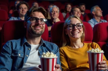 Obraz premium A man and a young girl are sitting together enjoying popcorn in a movie theater