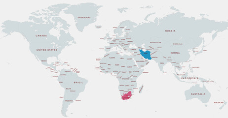 World Map Highlighting south africa and Iran with Detailed Country Labels © habib billah
