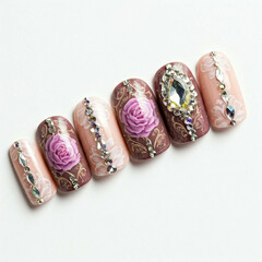 Naklejka premium elegant pink and white nail art with rhinestones and floral design on white background