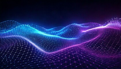 "A dynamic wave of glowing blue and purple digital particles, forming a 3D grid pattern, perfect for tech-related projects."