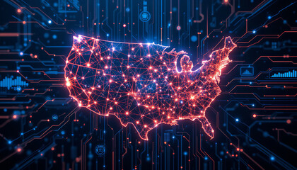 Orange glowing united states of america map over a digital circuit board is showing the concept of digitalization, network, internet, technology, big data, and globalization.