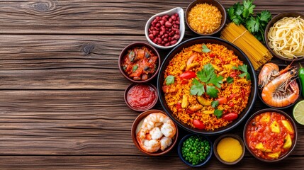 An array of classic Portuguese cuisine laid out on a rustic table, showcasing the rich culinary traditions of Portugal.