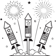 Three simple firework rockets launching with fireworks