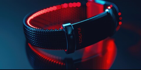 Red and black digital fitness watch with modern design, featuring LED lights for tracking activity and health metrics.