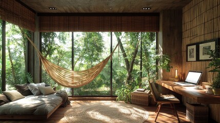 A visual depiction of work-life balance featuring a desk and an outdoor relaxation area.