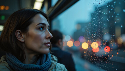 Obraz premium Woman gazing thoughtfully out the bus window during a rainy evening
