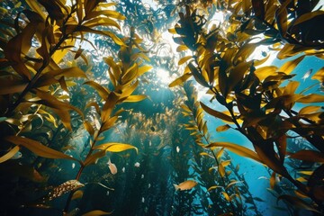 A view of the ocean floor amidst kelp and other sea vegetation.