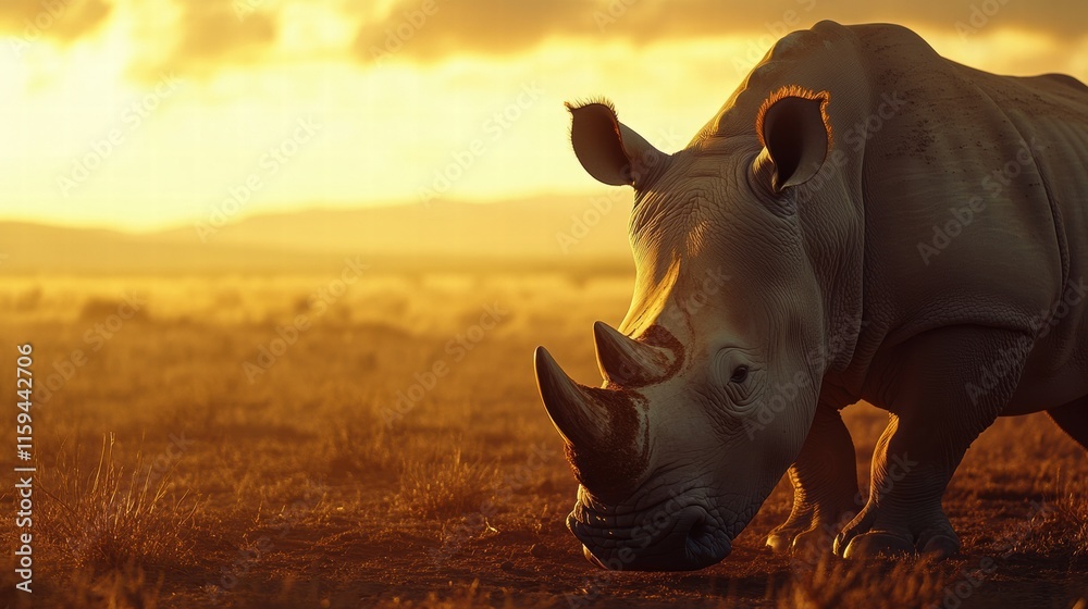 Poster rhino grazing in a golden savanna during sunset with space for text. generative ai