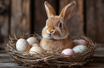 Easter bunny in a nest with Easter eggs in the courtyard of a rustic house.