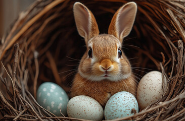 Easter bunny in a nest with Easter eggs in the courtyard of a rustic house.