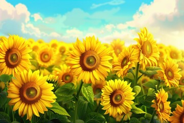 Obraz premium Yellow sunflowers in a field under a blue sky.