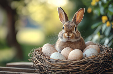 Easter bunny in a nest with Easter eggs in the courtyard of a rustic house.