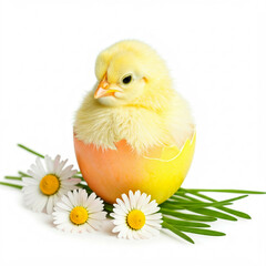 yellow chick in a cracked egg shell with daisies and grass on white background